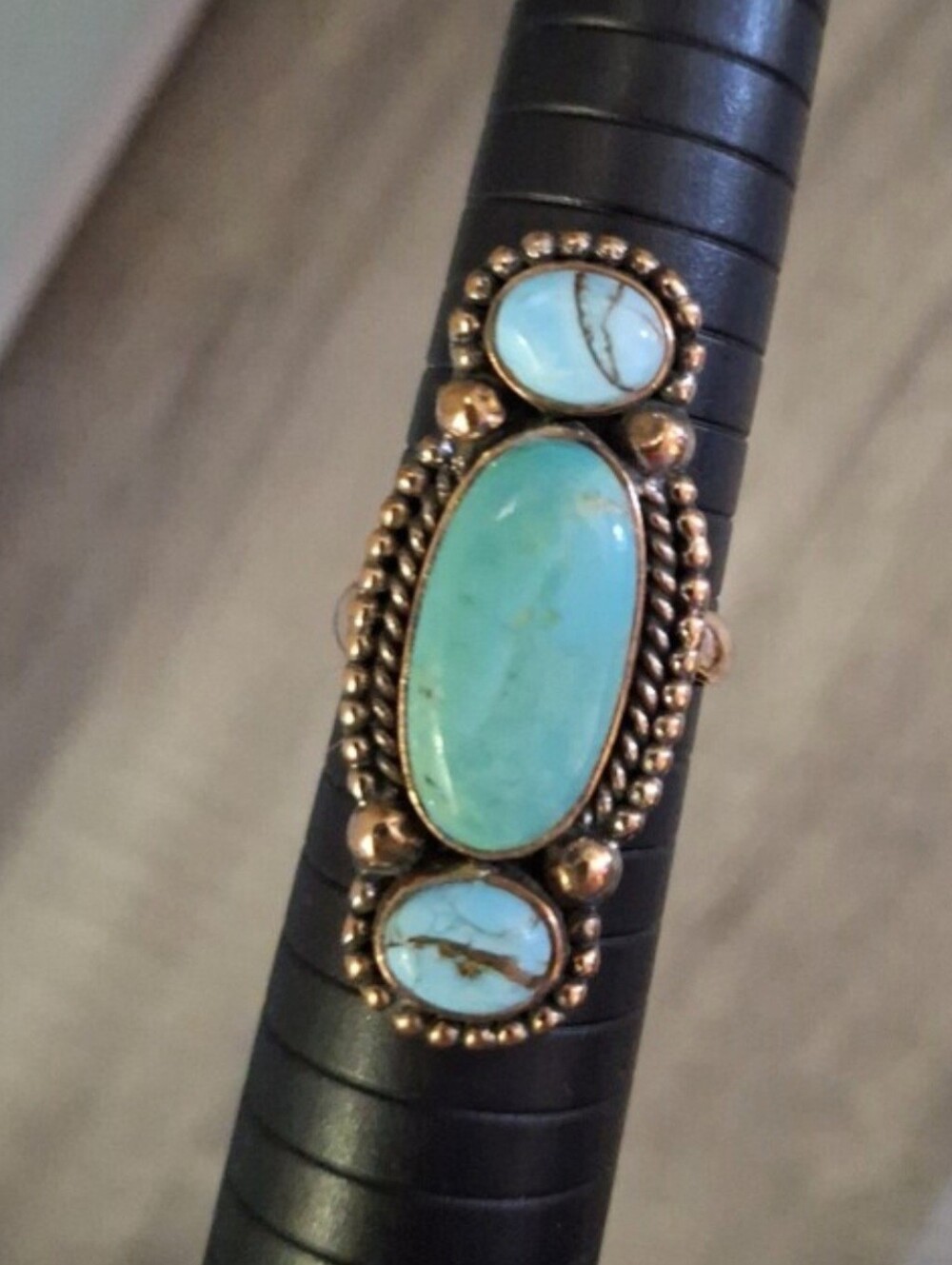 Ring Large Turquoise Stone & 2 Cotton Candy Copper Frame Adjustable Band 9-10-11